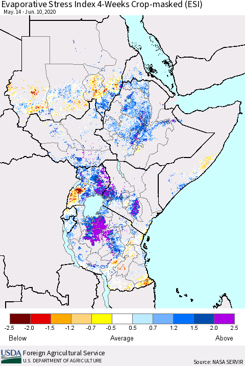Eastern Africa Evaporative Stress Index (ESI), 4-Weeks over Croplands Thematic Map For 6/8/2020 - 6/14/2020