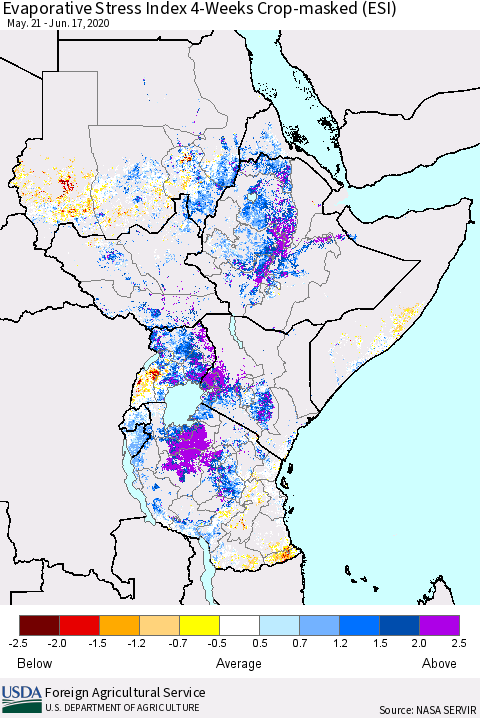 Eastern Africa Evaporative Stress Index (ESI), 4-Weeks over Croplands Thematic Map For 6/15/2020 - 6/21/2020