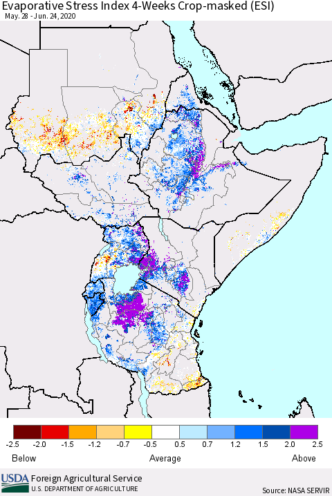 Eastern Africa Evaporative Stress Index (ESI), 4-Weeks over Croplands Thematic Map For 6/22/2020 - 6/28/2020