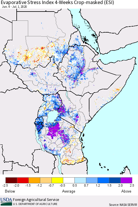 Eastern Africa Evaporative Stress Index (ESI), 4-Weeks over Croplands Thematic Map For 6/29/2020 - 7/5/2020