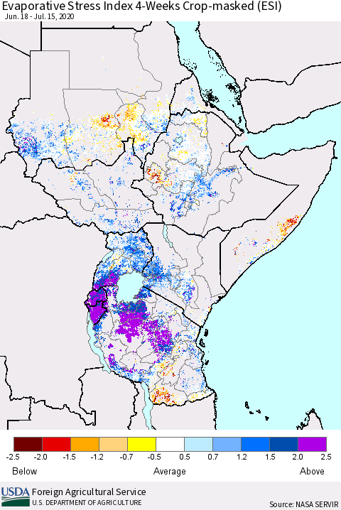 Eastern Africa Evaporative Stress Index (ESI), 4-Weeks over Croplands Thematic Map For 7/13/2020 - 7/19/2020