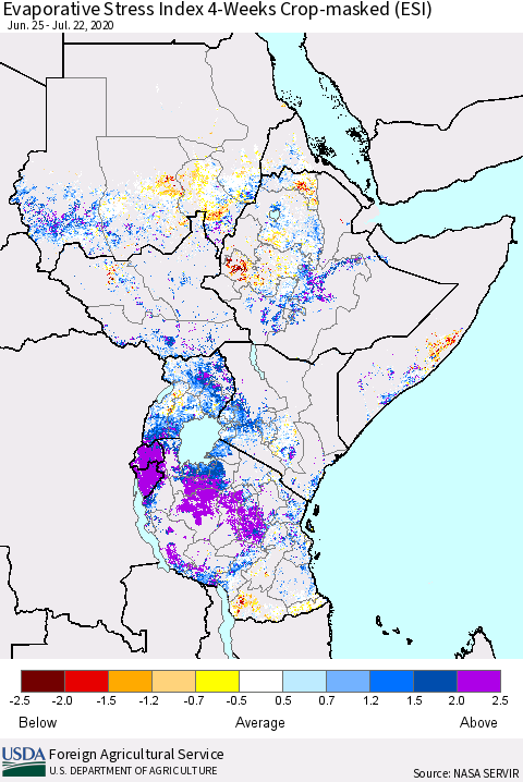 Eastern Africa Evaporative Stress Index (ESI), 4-Weeks over Croplands Thematic Map For 7/20/2020 - 7/26/2020