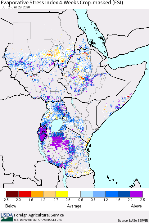 Eastern Africa Evaporative Stress Index (ESI), 4-Weeks over Croplands Thematic Map For 7/27/2020 - 8/2/2020