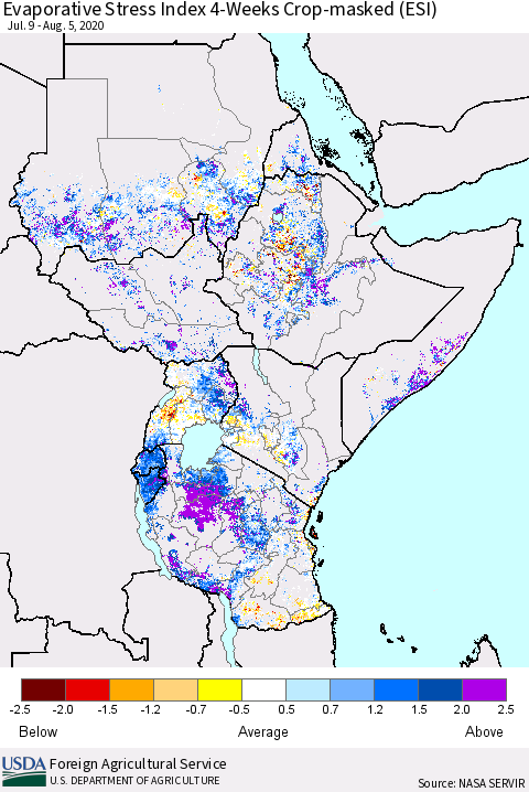 Eastern Africa Evaporative Stress Index (ESI), 4-Weeks over Croplands Thematic Map For 8/3/2020 - 8/9/2020
