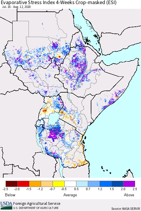 Eastern Africa Evaporative Stress Index (ESI), 4-Weeks over Croplands Thematic Map For 8/10/2020 - 8/16/2020