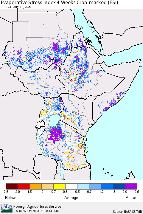 Eastern Africa Evaporative Stress Index (ESI), 4-Weeks over Croplands Thematic Map For 8/17/2020 - 8/23/2020