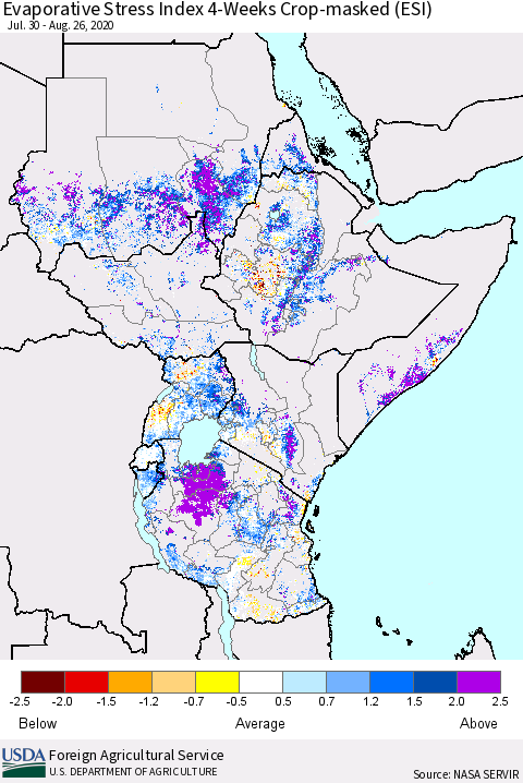 Eastern Africa Evaporative Stress Index (ESI), 4-Weeks over Croplands Thematic Map For 8/24/2020 - 8/30/2020