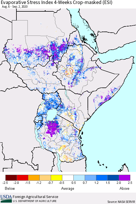 Eastern Africa Evaporative Stress Index (ESI), 4-Weeks over Croplands Thematic Map For 8/31/2020 - 9/6/2020