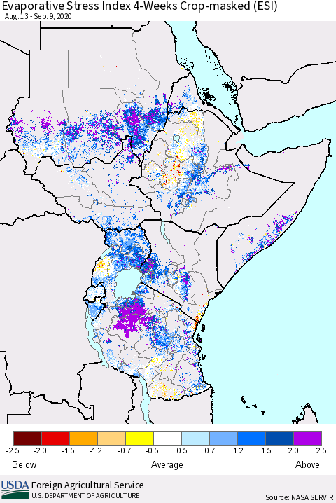 Eastern Africa Evaporative Stress Index (ESI), 4-Weeks over Croplands Thematic Map For 9/7/2020 - 9/13/2020