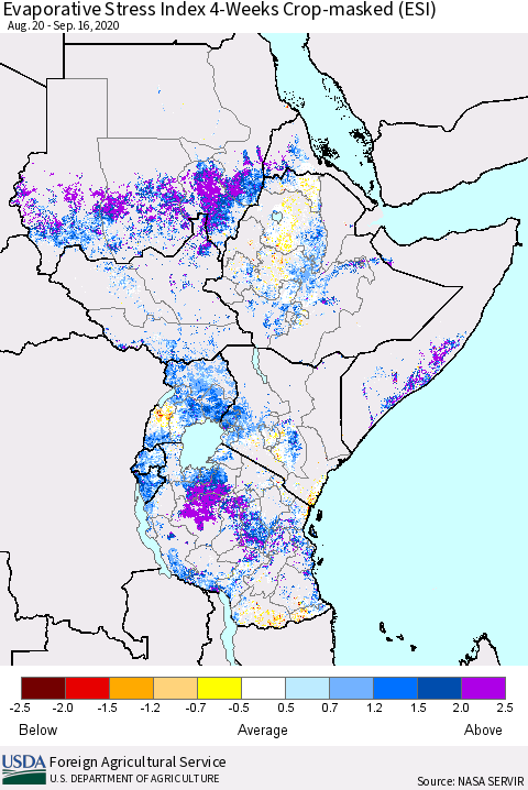 Eastern Africa Evaporative Stress Index (ESI), 4-Weeks over Croplands Thematic Map For 9/14/2020 - 9/20/2020