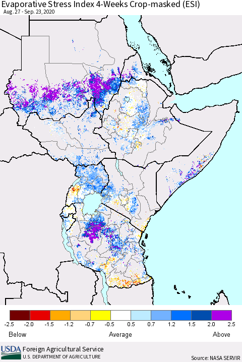 Eastern Africa Evaporative Stress Index (ESI), 4-Weeks over Croplands Thematic Map For 9/21/2020 - 9/27/2020