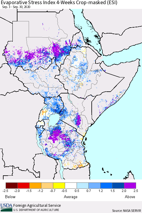 Eastern Africa Evaporative Stress Index (ESI), 4-Weeks over Croplands Thematic Map For 9/28/2020 - 10/4/2020