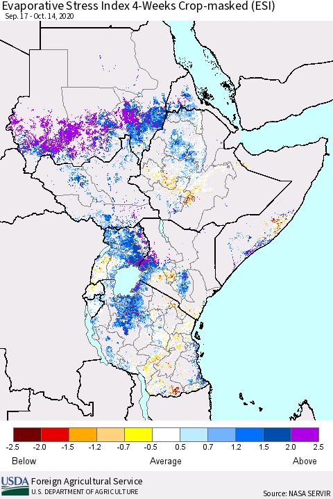 Eastern Africa Evaporative Stress Index (ESI), 4-Weeks over Croplands Thematic Map For 10/12/2020 - 10/18/2020