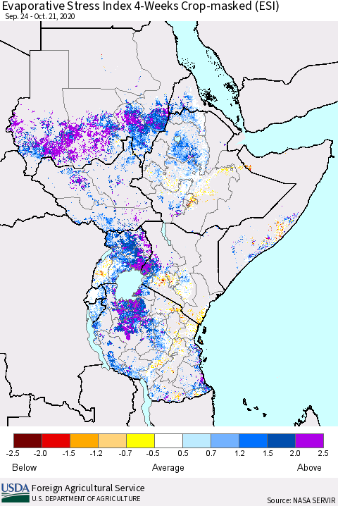 Eastern Africa Evaporative Stress Index (ESI), 4-Weeks over Croplands Thematic Map For 10/19/2020 - 10/25/2020