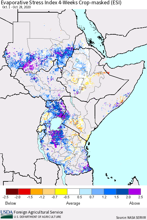 Eastern Africa Evaporative Stress Index (ESI), 4-Weeks over Croplands Thematic Map For 10/26/2020 - 11/1/2020
