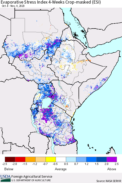 Eastern Africa Evaporative Stress Index (ESI), 4-Weeks over Croplands Thematic Map For 11/2/2020 - 11/8/2020
