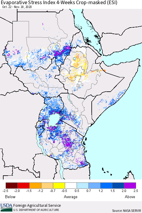 Eastern Africa Evaporative Stress Index (ESI), 4-Weeks over Croplands Thematic Map For 11/16/2020 - 11/22/2020