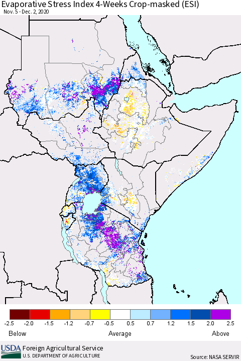 Eastern Africa Evaporative Stress Index (ESI), 4-Weeks over Croplands Thematic Map For 11/30/2020 - 12/6/2020