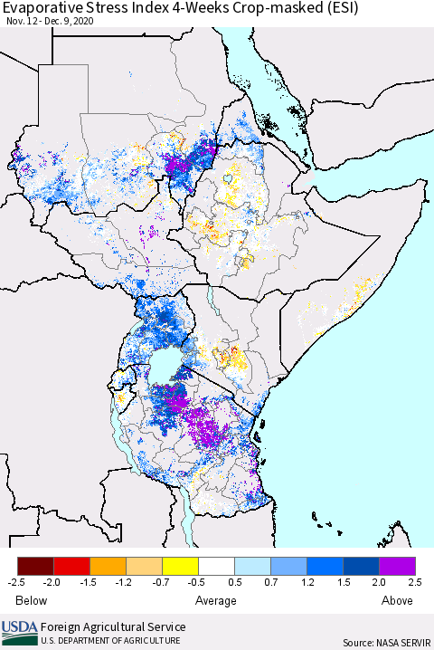 Eastern Africa Evaporative Stress Index (ESI), 4-Weeks over Croplands Thematic Map For 12/7/2020 - 12/13/2020