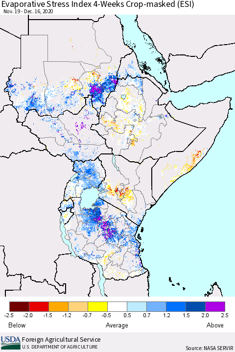 Eastern Africa Evaporative Stress Index (ESI), 4-Weeks over Croplands Thematic Map For 12/14/2020 - 12/20/2020