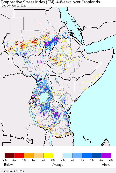 Eastern Africa Evaporative Stress Index (ESI), 4-Weeks over Croplands Thematic Map For 1/18/2021 - 1/24/2021