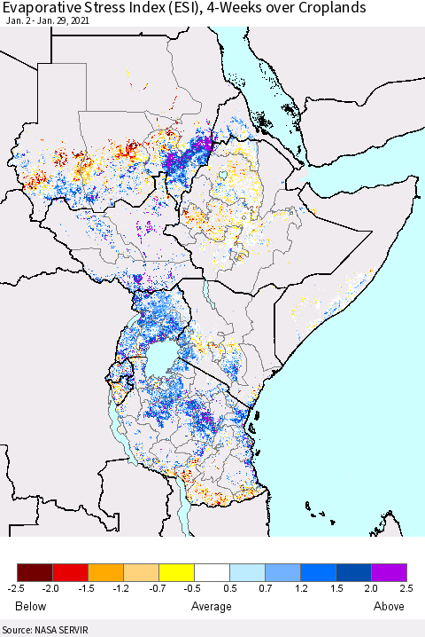 Eastern Africa Evaporative Stress Index (ESI), 4-Weeks over Croplands Thematic Map For 1/25/2021 - 1/31/2021