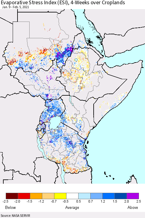 Eastern Africa Evaporative Stress Index (ESI), 4-Weeks over Croplands Thematic Map For 2/1/2021 - 2/7/2021