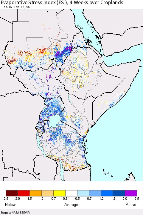 Eastern Africa Evaporative Stress Index (ESI), 4-Weeks over Croplands Thematic Map For 2/8/2021 - 2/14/2021