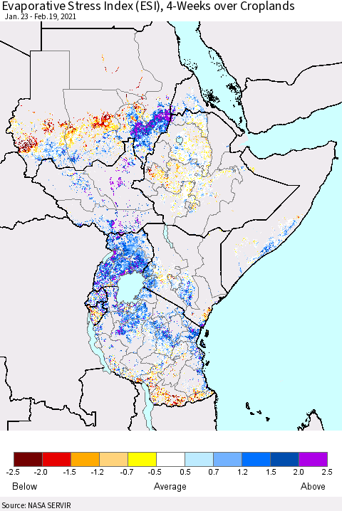 Eastern Africa Evaporative Stress Index (ESI), 4-Weeks over Croplands Thematic Map For 2/15/2021 - 2/21/2021