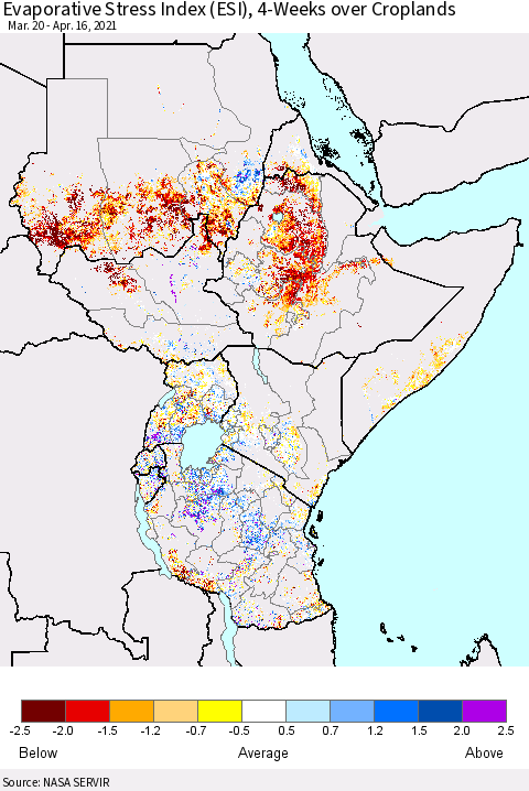 Eastern Africa Evaporative Stress Index (ESI), 4-Weeks over Croplands Thematic Map For 4/12/2021 - 4/18/2021