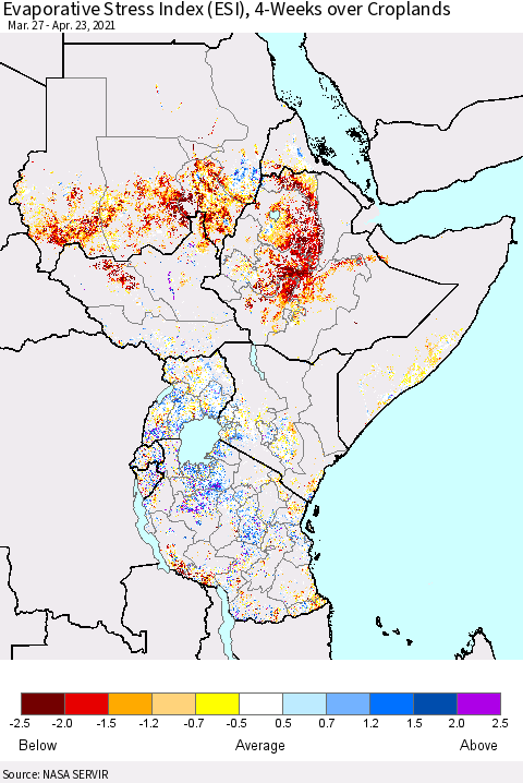 Eastern Africa Evaporative Stress Index (ESI), 4-Weeks over Croplands Thematic Map For 4/19/2021 - 4/25/2021