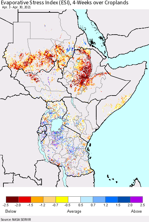 Eastern Africa Evaporative Stress Index (ESI), 4-Weeks over Croplands Thematic Map For 4/26/2021 - 5/2/2021