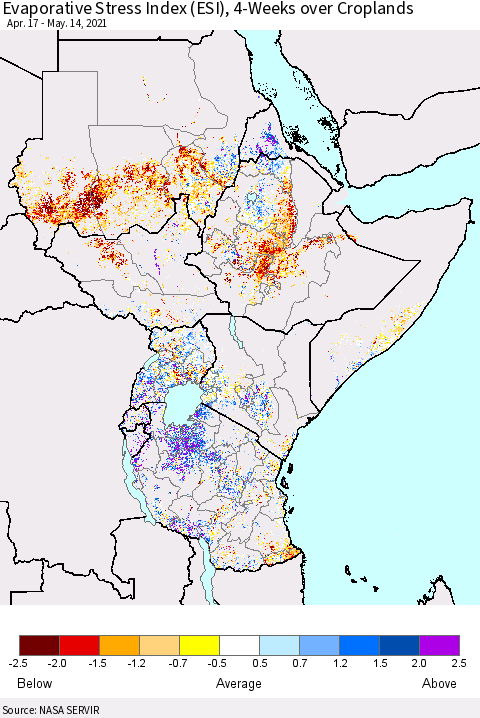 Eastern Africa Evaporative Stress Index (ESI), 4-Weeks over Croplands Thematic Map For 5/10/2021 - 5/16/2021