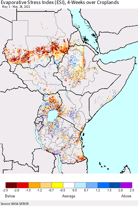 Eastern Africa Evaporative Stress Index (ESI), 4-Weeks over Croplands Thematic Map For 5/24/2021 - 5/30/2021