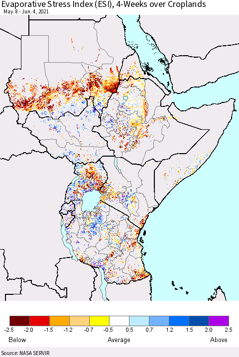 Eastern Africa Evaporative Stress Index (ESI), 4-Weeks over Croplands Thematic Map For 5/31/2021 - 6/6/2021