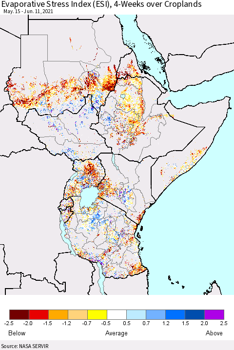 Eastern Africa Evaporative Stress Index (ESI), 4-Weeks over Croplands Thematic Map For 6/7/2021 - 6/13/2021