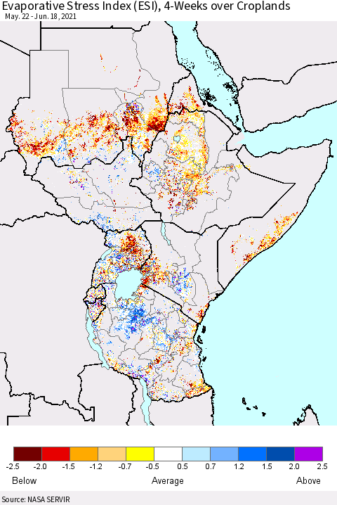 Eastern Africa Evaporative Stress Index (ESI), 4-Weeks over Croplands Thematic Map For 6/14/2021 - 6/20/2021