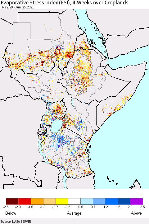 Eastern Africa Evaporative Stress Index (ESI), 4-Weeks over Croplands Thematic Map For 6/21/2021 - 6/27/2021