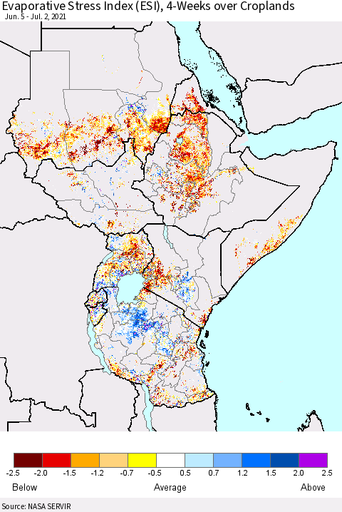 Eastern Africa Evaporative Stress Index (ESI), 4-Weeks over Croplands Thematic Map For 6/28/2021 - 7/4/2021
