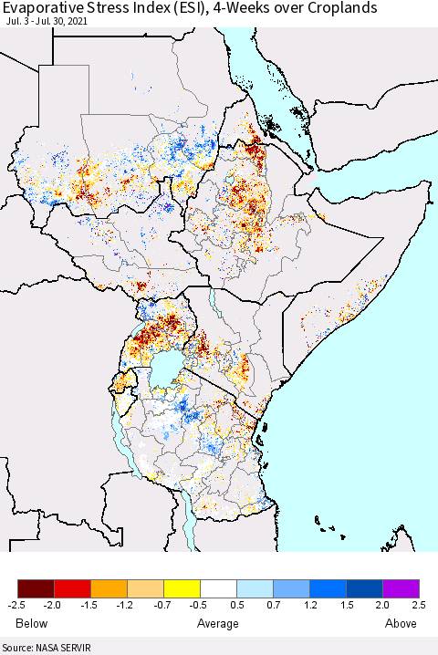 Eastern Africa Evaporative Stress Index (ESI), 4-Weeks over Croplands Thematic Map For 7/26/2021 - 8/1/2021