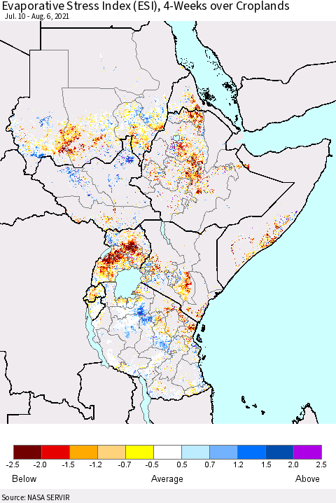 Eastern Africa Evaporative Stress Index (ESI), 4-Weeks over Croplands Thematic Map For 8/2/2021 - 8/8/2021
