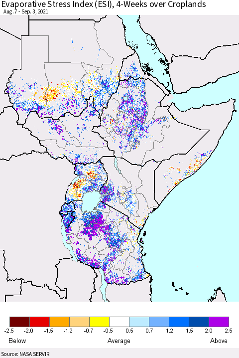 Eastern Africa Evaporative Stress Index (ESI), 4-Weeks over Croplands Thematic Map For 8/30/2021 - 9/5/2021