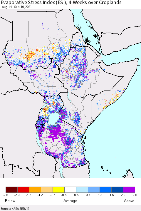 Eastern Africa Evaporative Stress Index (ESI), 4-Weeks over Croplands Thematic Map For 9/6/2021 - 9/12/2021
