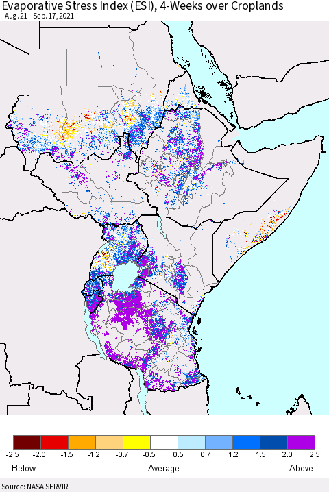 Eastern Africa Evaporative Stress Index (ESI), 4-Weeks over Croplands Thematic Map For 9/13/2021 - 9/19/2021