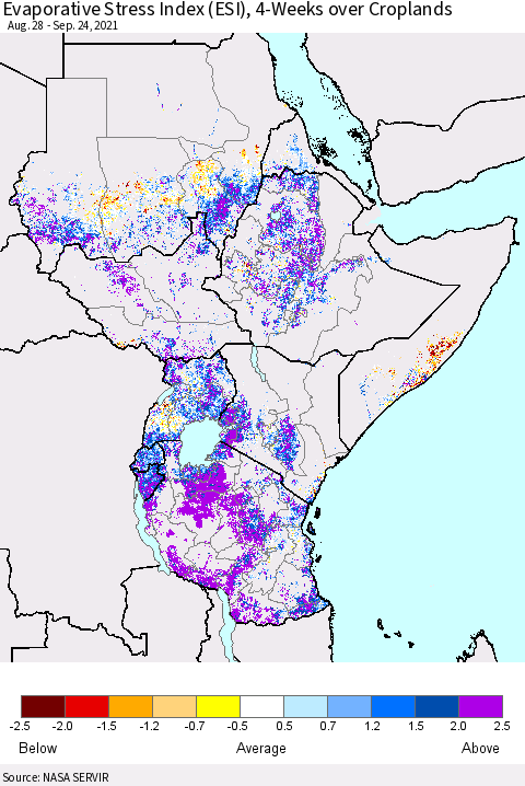 Eastern Africa Evaporative Stress Index (ESI), 4-Weeks over Croplands Thematic Map For 9/20/2021 - 9/26/2021