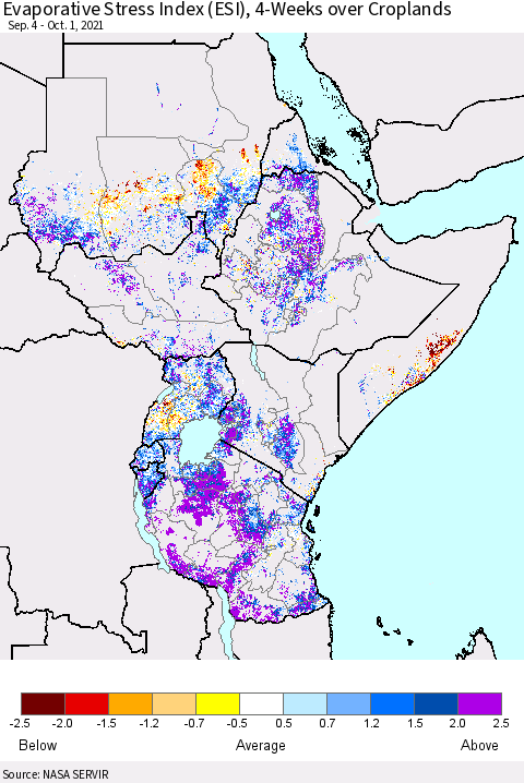 Eastern Africa Evaporative Stress Index (ESI), 4-Weeks over Croplands Thematic Map For 9/27/2021 - 10/3/2021