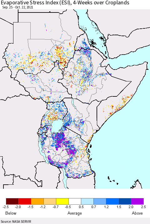 Eastern Africa Evaporative Stress Index (ESI), 4-Weeks over Croplands Thematic Map For 10/18/2021 - 10/24/2021