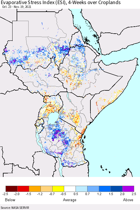 Eastern Africa Evaporative Stress Index (ESI), 4-Weeks over Croplands Thematic Map For 11/15/2021 - 11/21/2021