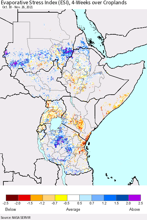 Eastern Africa Evaporative Stress Index (ESI), 4-Weeks over Croplands Thematic Map For 11/22/2021 - 11/28/2021