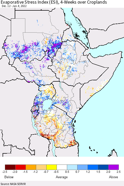 Eastern Africa Evaporative Stress Index (ESI), 4-Weeks over Croplands Thematic Map For 1/3/2022 - 1/9/2022